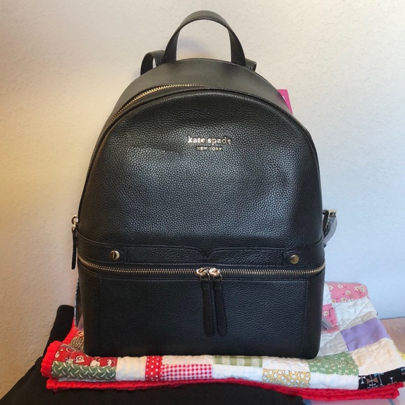 SOLD // Kate Spade Day Pack Black Pebbled Leather Medium Backpack - Picture 1 of 9